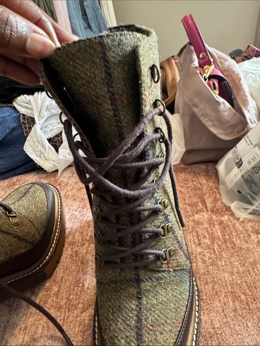 TORY BURCH Tweed Lace-Up Block Heel Ankle Boots - Olive Plaid - Picture 8 of 10